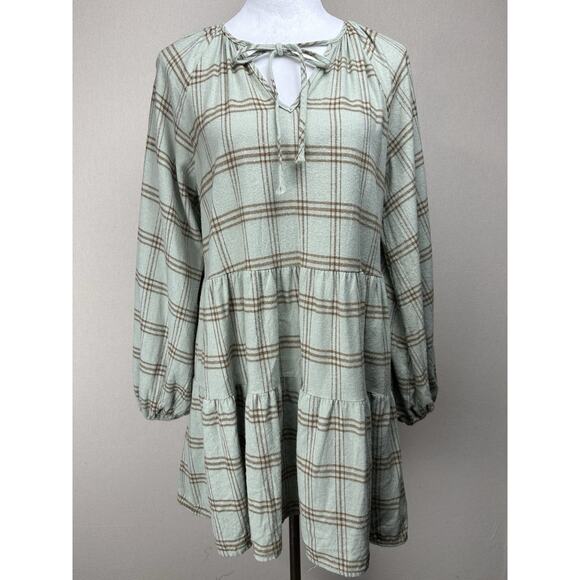 She + Sky Tiered Dress Top Plaid Flannel Long Sleeve Sz M Loose Fit Cottage Core - Picture 1 of 13